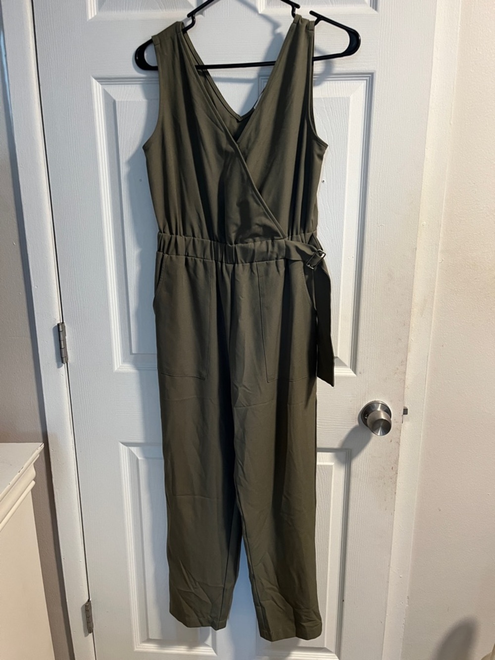 mine Olive Wrap-Front Sleeveless Jumpsuit with Tie Waist